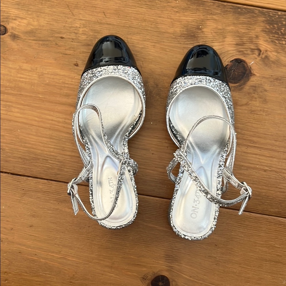 ON 34th Women's Silver Glitter and Black Slingback Heels